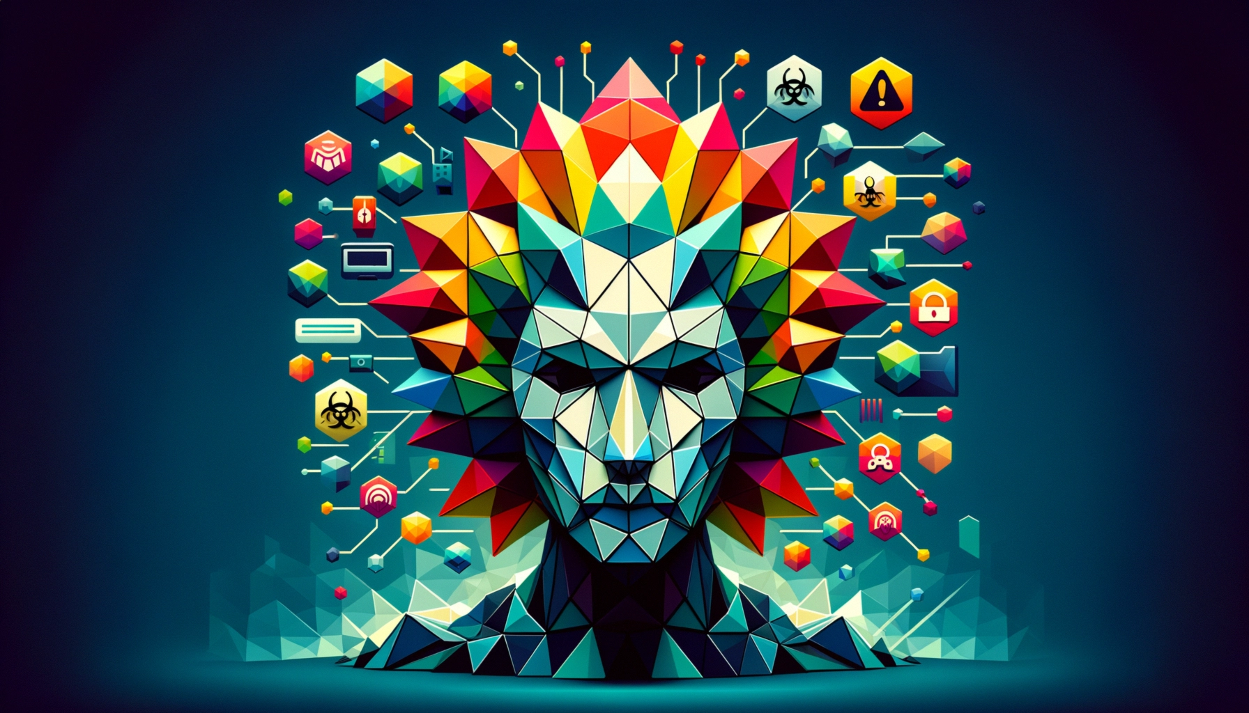 ** Abstract geometric face with colorful spikes, surrounded by digital icons in bold colors.