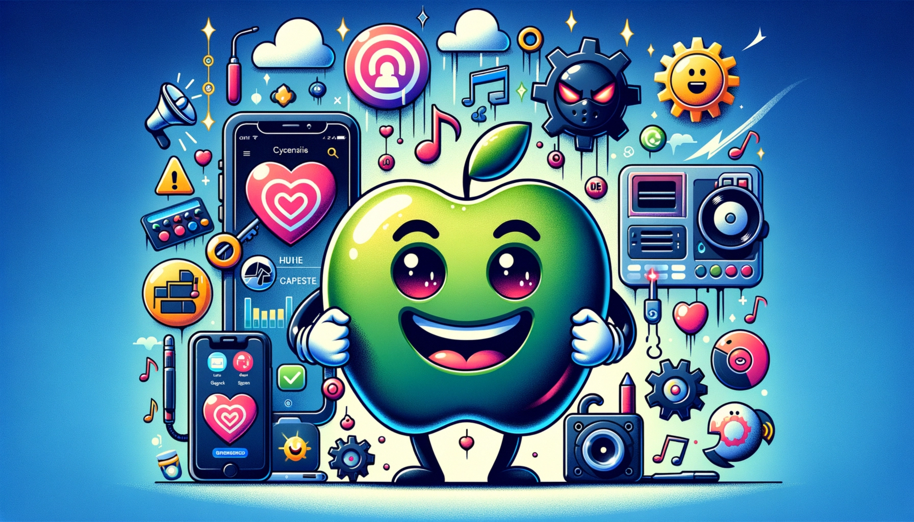 ** Cartoonish green apple character surrounded by various tech and music icons against a blue background.