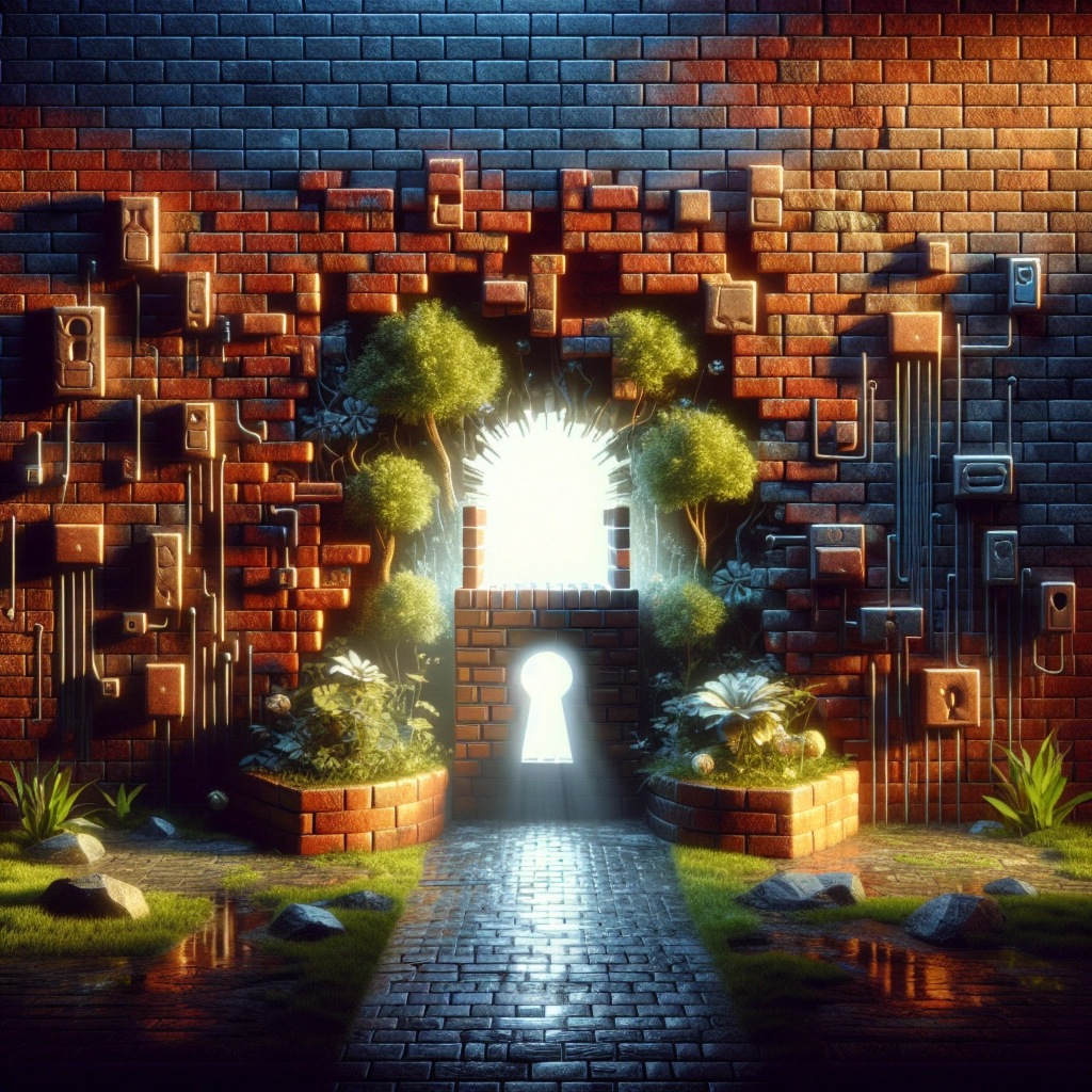 ** Dreamlike garden scene with a glowing keyhole in a brick wall.