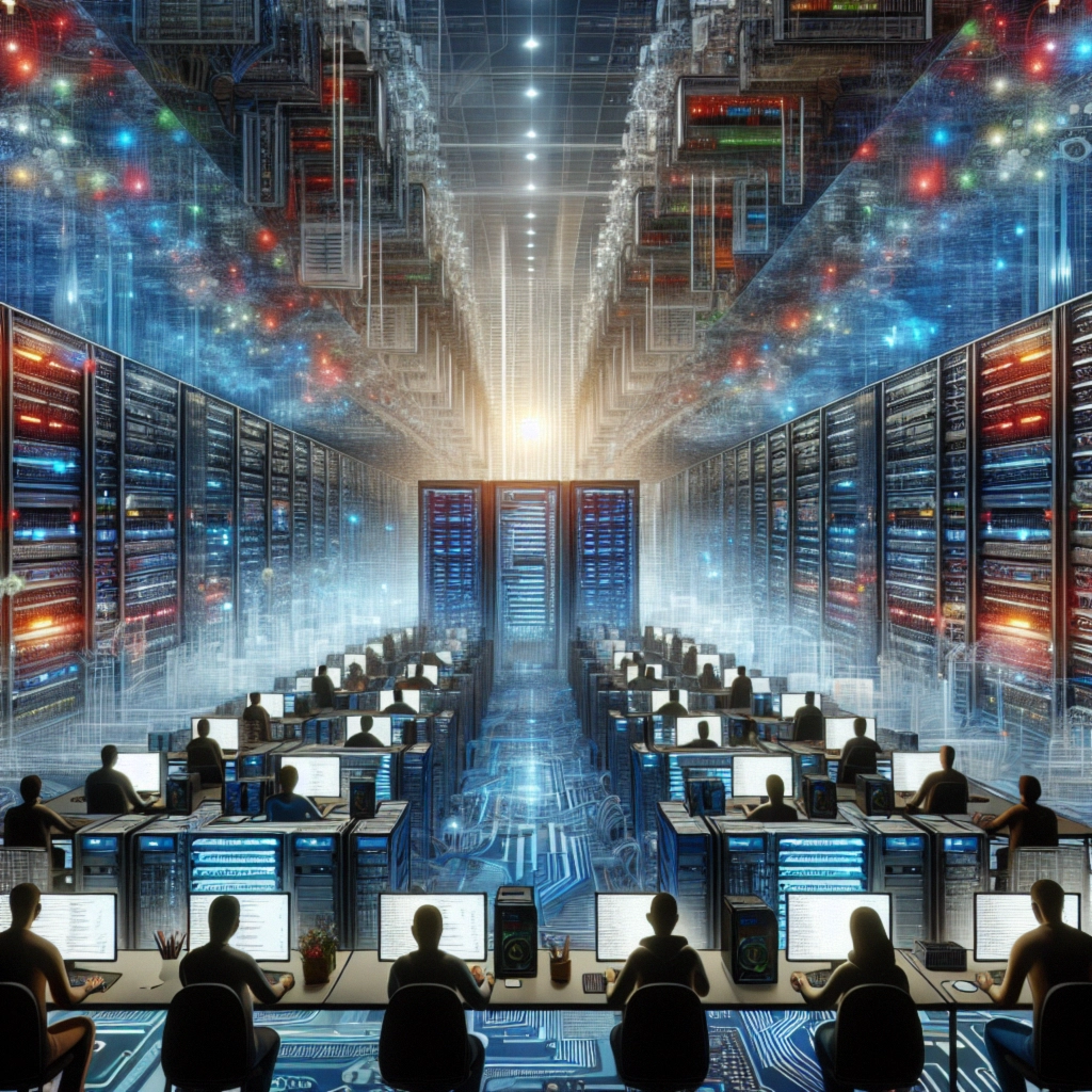 ** A futuristic data center filled with servers and people working at computers.