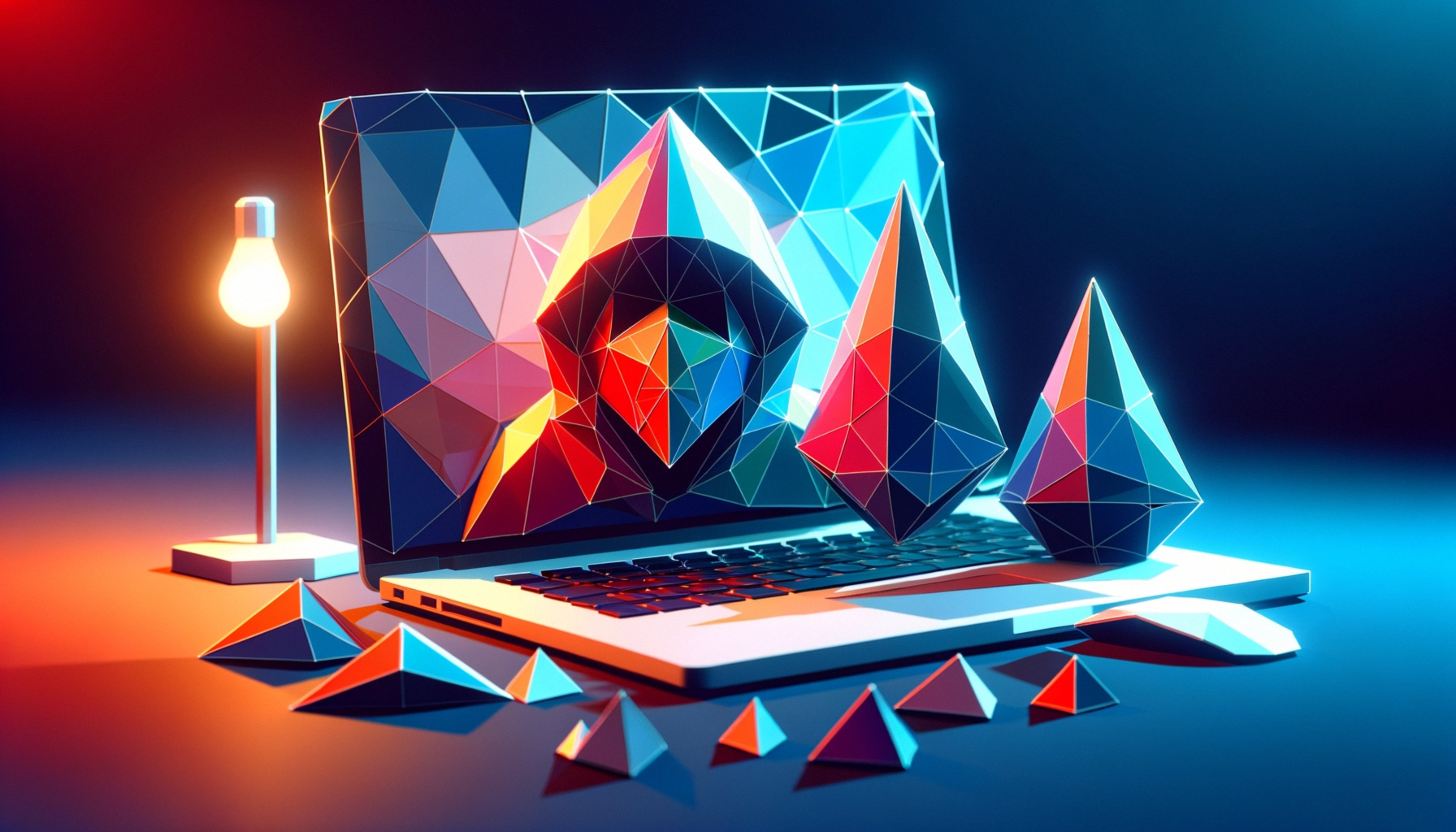 ** Abstract digital art of a laptop with colorful geometric shapes around it.