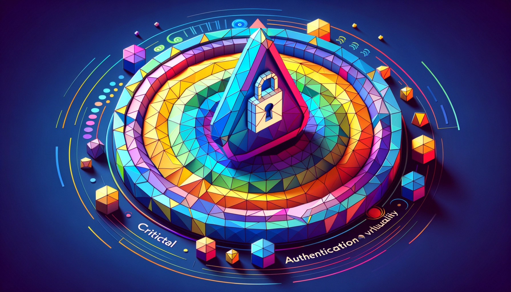 A colorful geometric pyramid with a lock symbol, surrounded by vibrant circular layers and cubes.