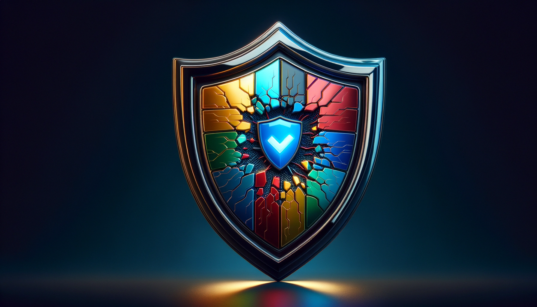 ** Colorful shield with a central blue emblem and cracks, set against a dark background.