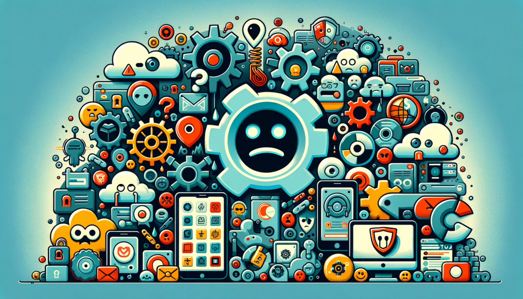 ** A collage of colorful tech icons and gears, featuring a sad face in the center.