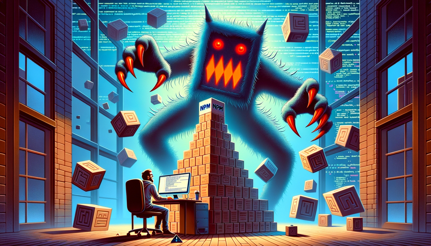 A computer user faces a monstrous shadow looming over a tower of boxes.