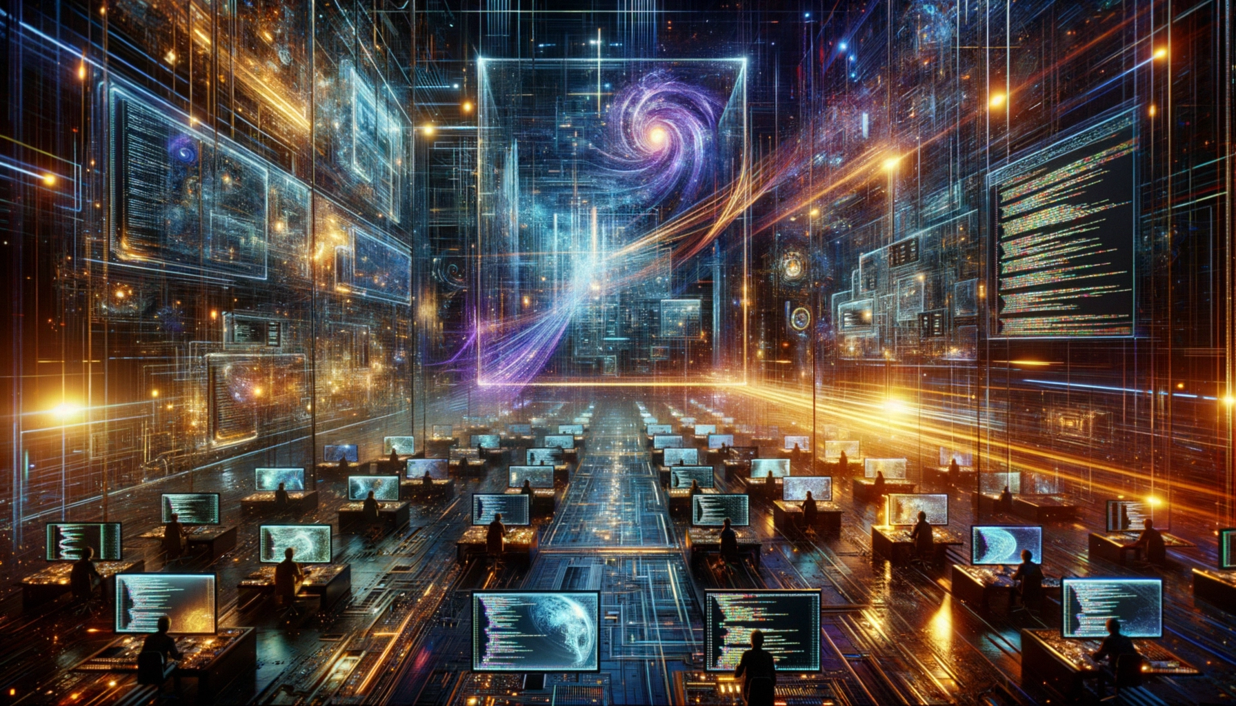 ** Futuristic data center with glowing screens and cosmic visuals.