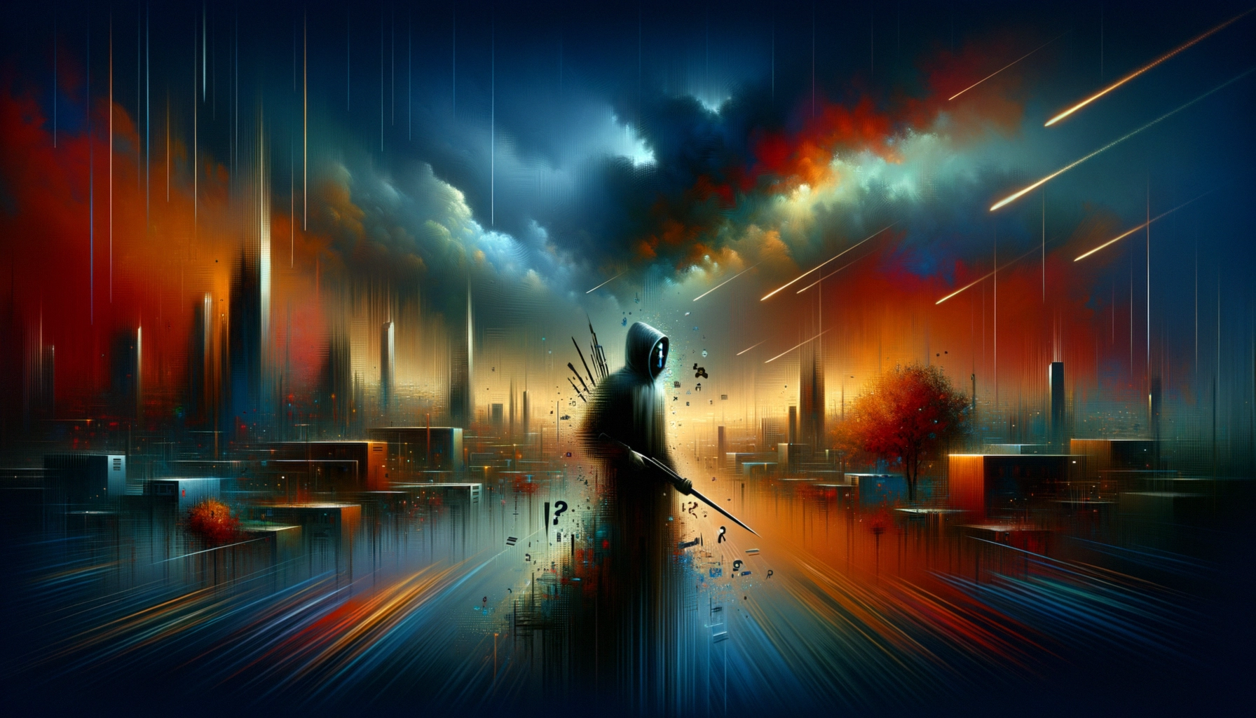 A hooded figure stands amid a vibrant, chaotic cityscape at dusk.