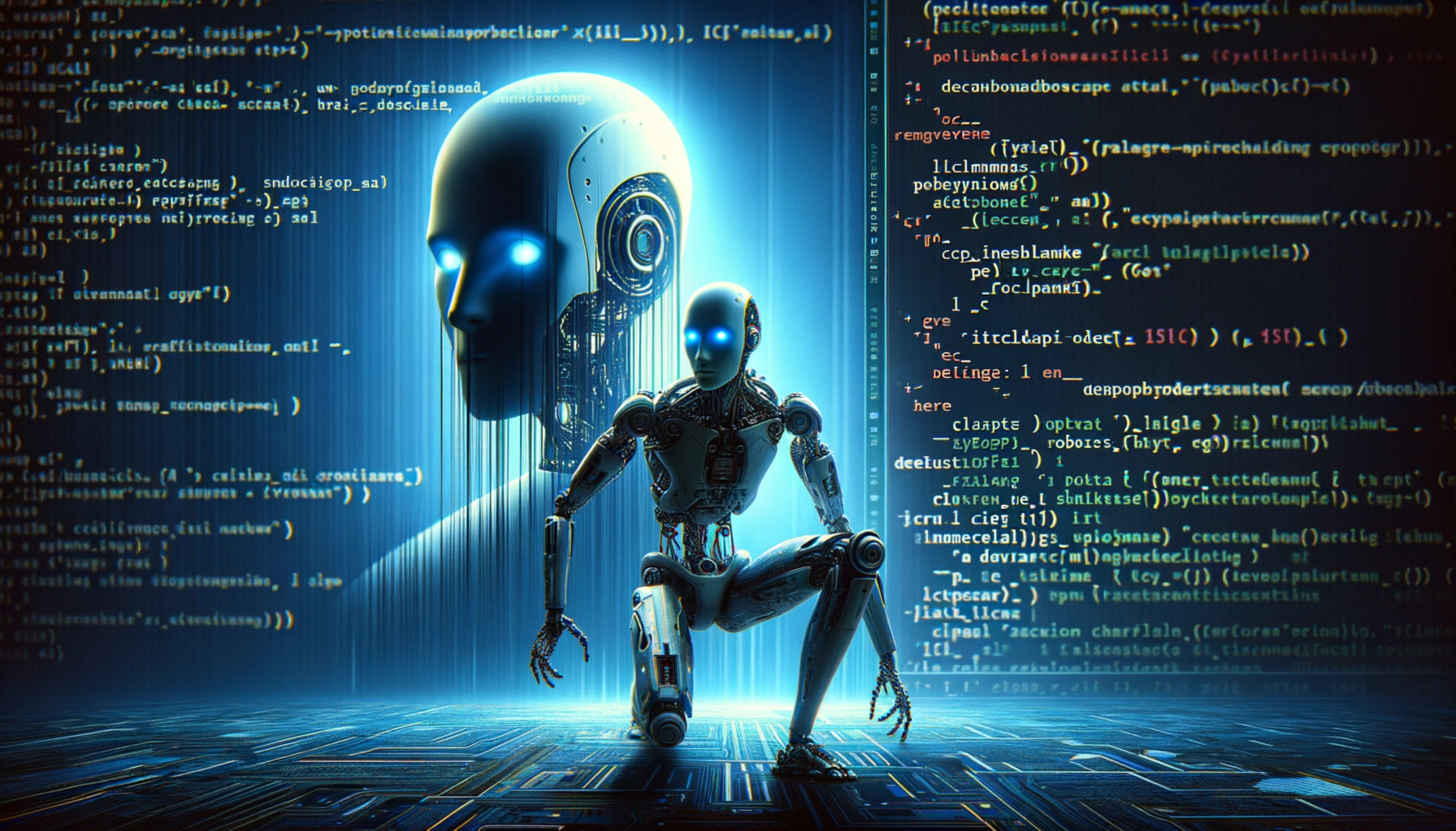 ** Robotic figure with glowing eyes in front of code backdrop.