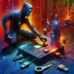 A hooded figure interacts with a digital interface, surrounded by glowing data and money symbols.