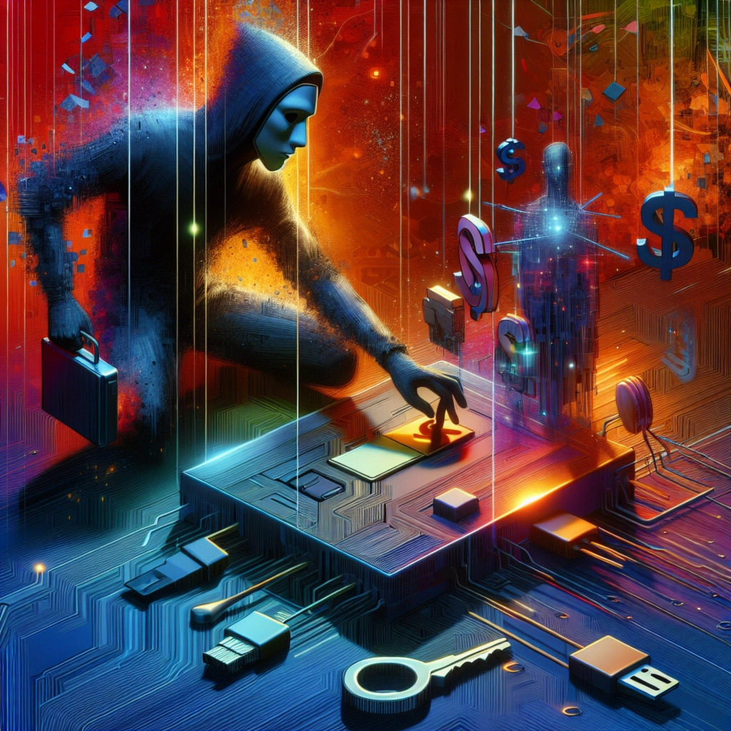 A hooded figure interacts with a digital interface, surrounded by glowing data and money symbols.