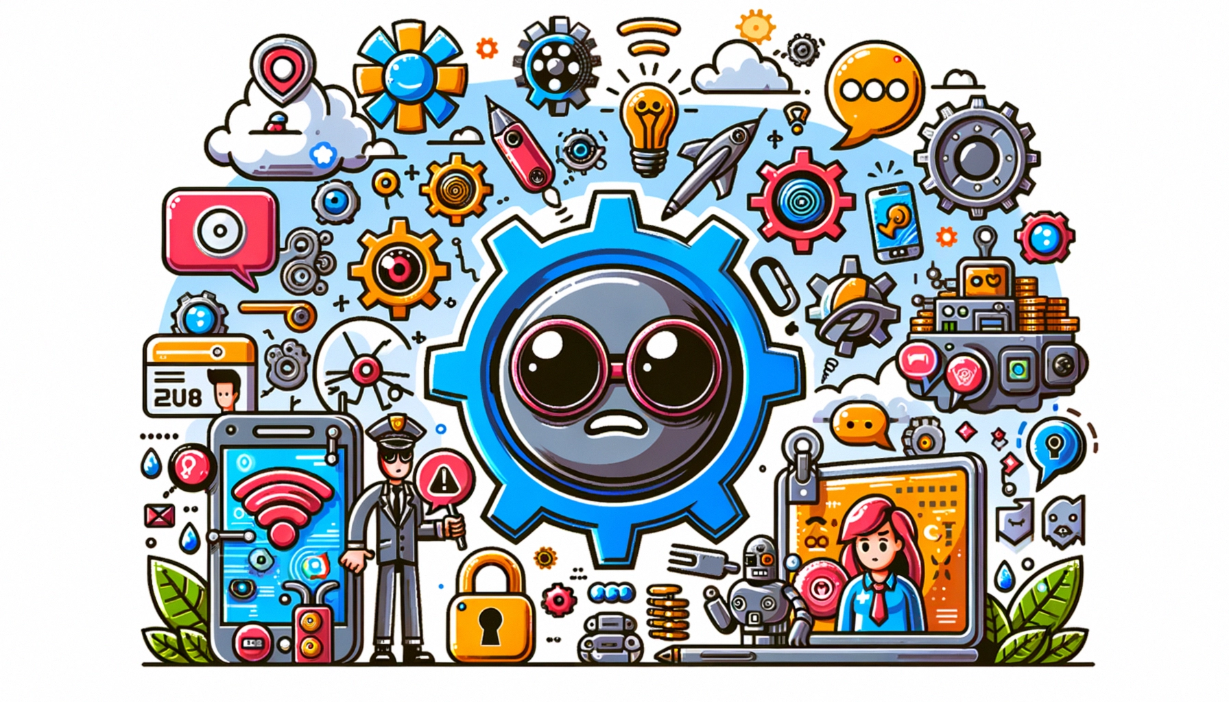 ** Colorful cartoon illustrations of technology, featuring a large gear and characters in a tech environment.