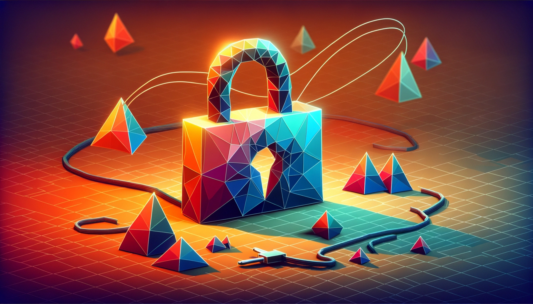 ** A colorful geometric padlock surrounded by 3D shapes and cords on a grid background.