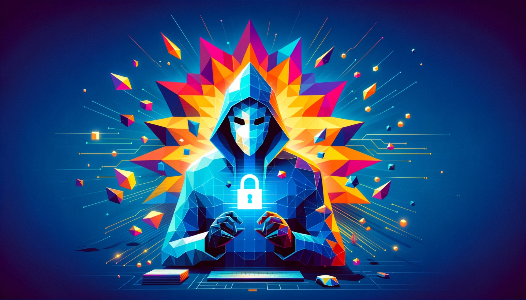 ** A hooded figure with a lock symbol, surrounded by colorful geometric shapes and digital elements.