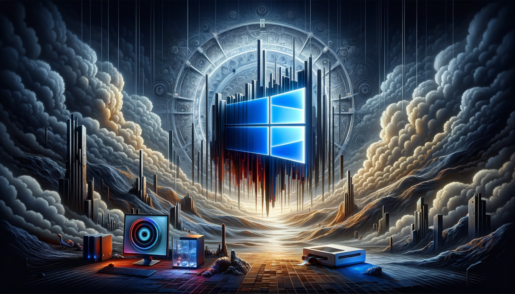 ** Futuristic landscape with clouds, computer elements, and Windows logo glowing amidst towering structures.