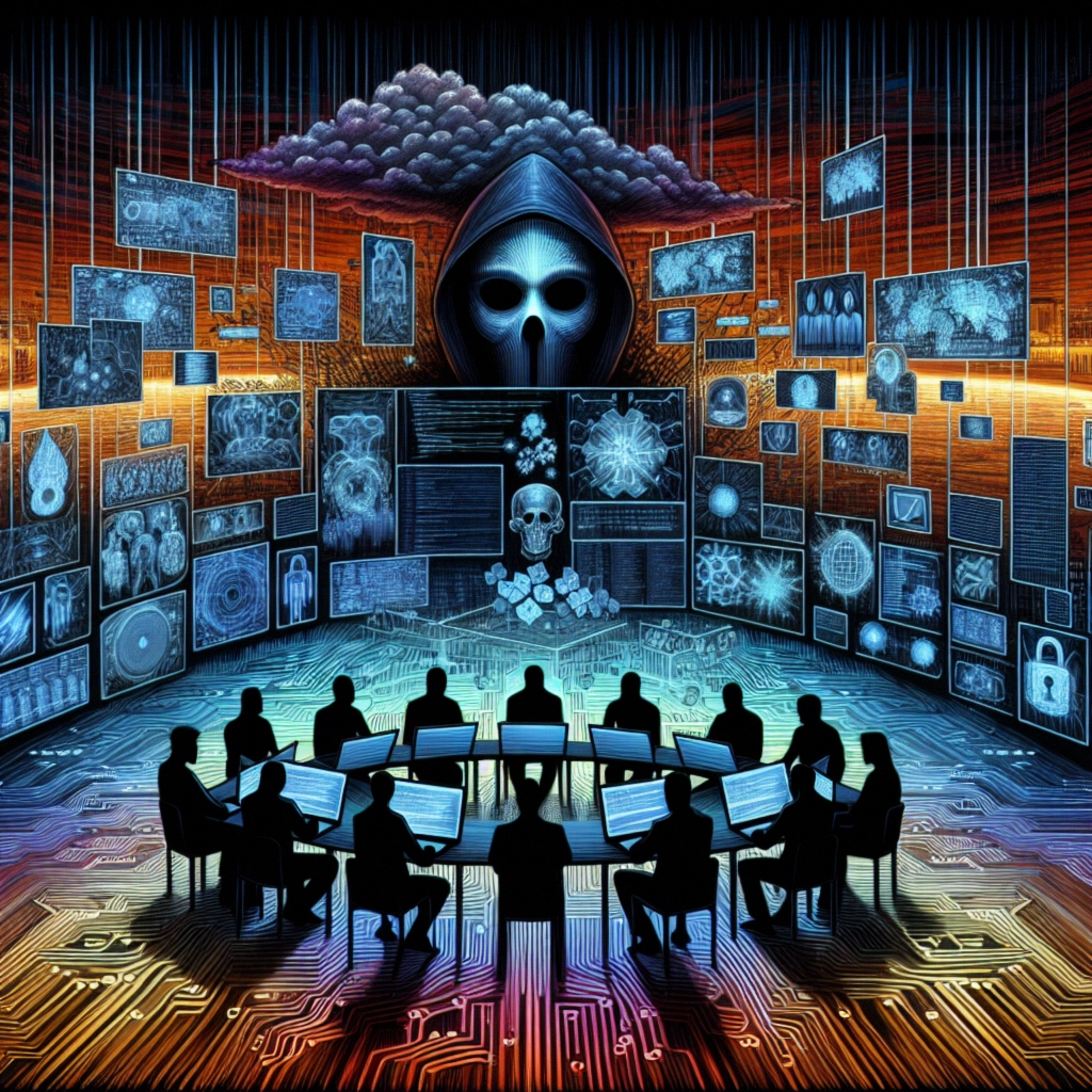 ** A dark, mysterious room with hooded figures surrounding digital displays and a central skull image.