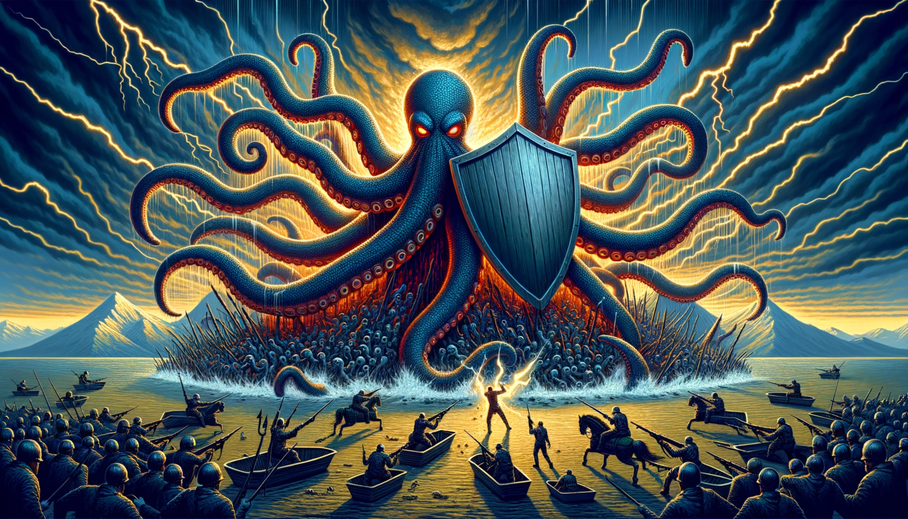 ** An enormous octopus looms over a battle scene, wielding a shield against terrified boatmen.