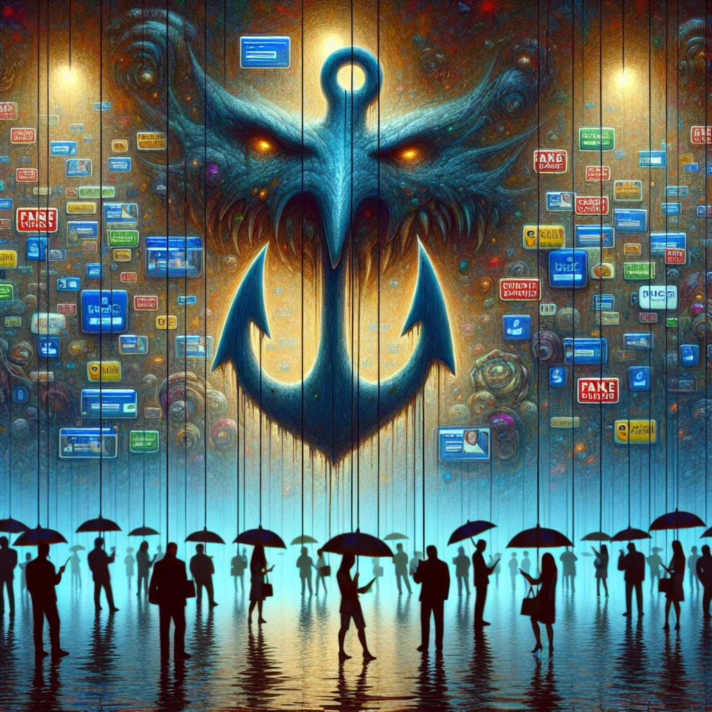 A surreal scene of figures with umbrellas against a vibrant anchor backdrop filled with digital screens.