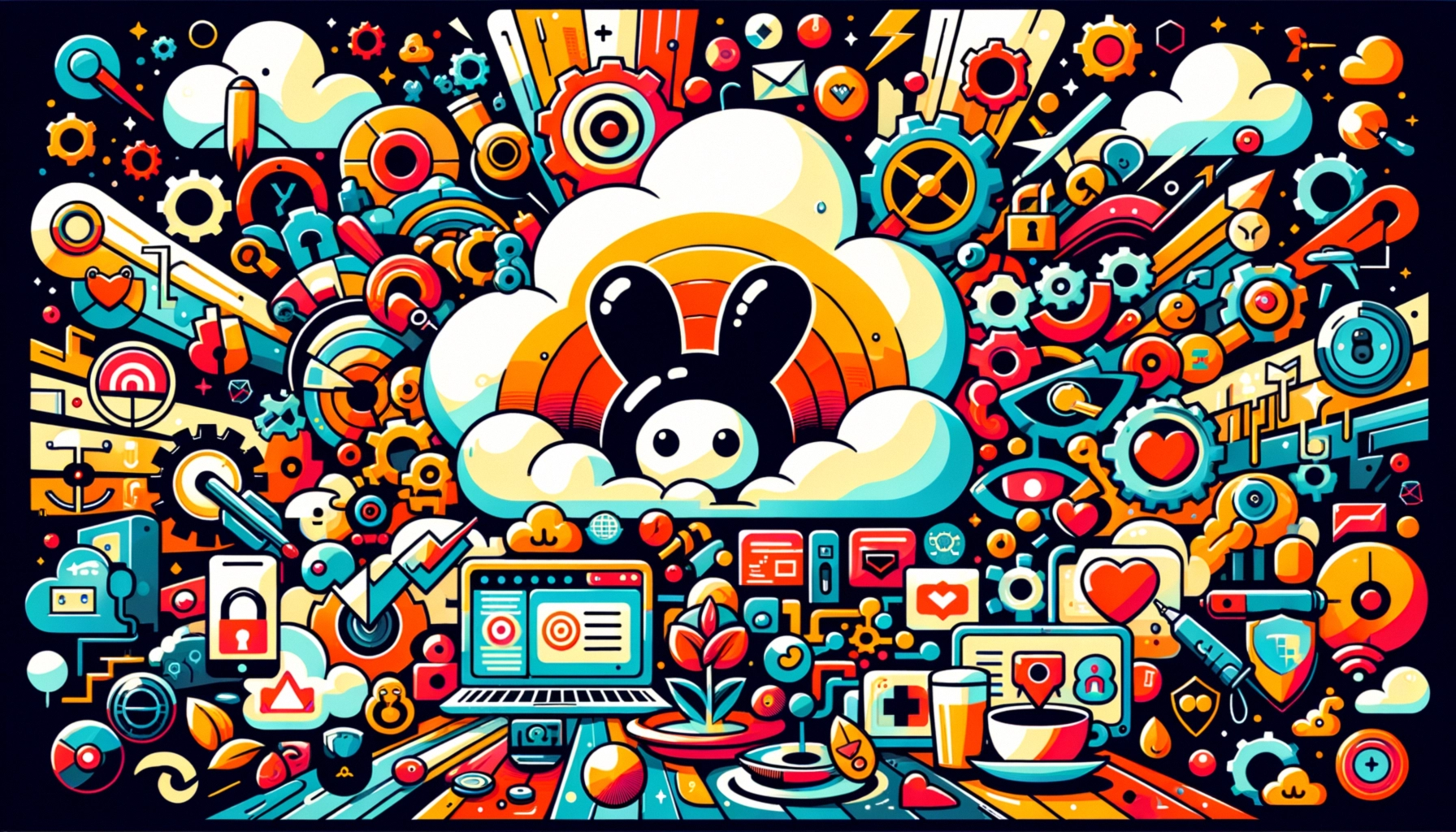 ** Colorful digital illustration featuring a bunny and various tech symbols.