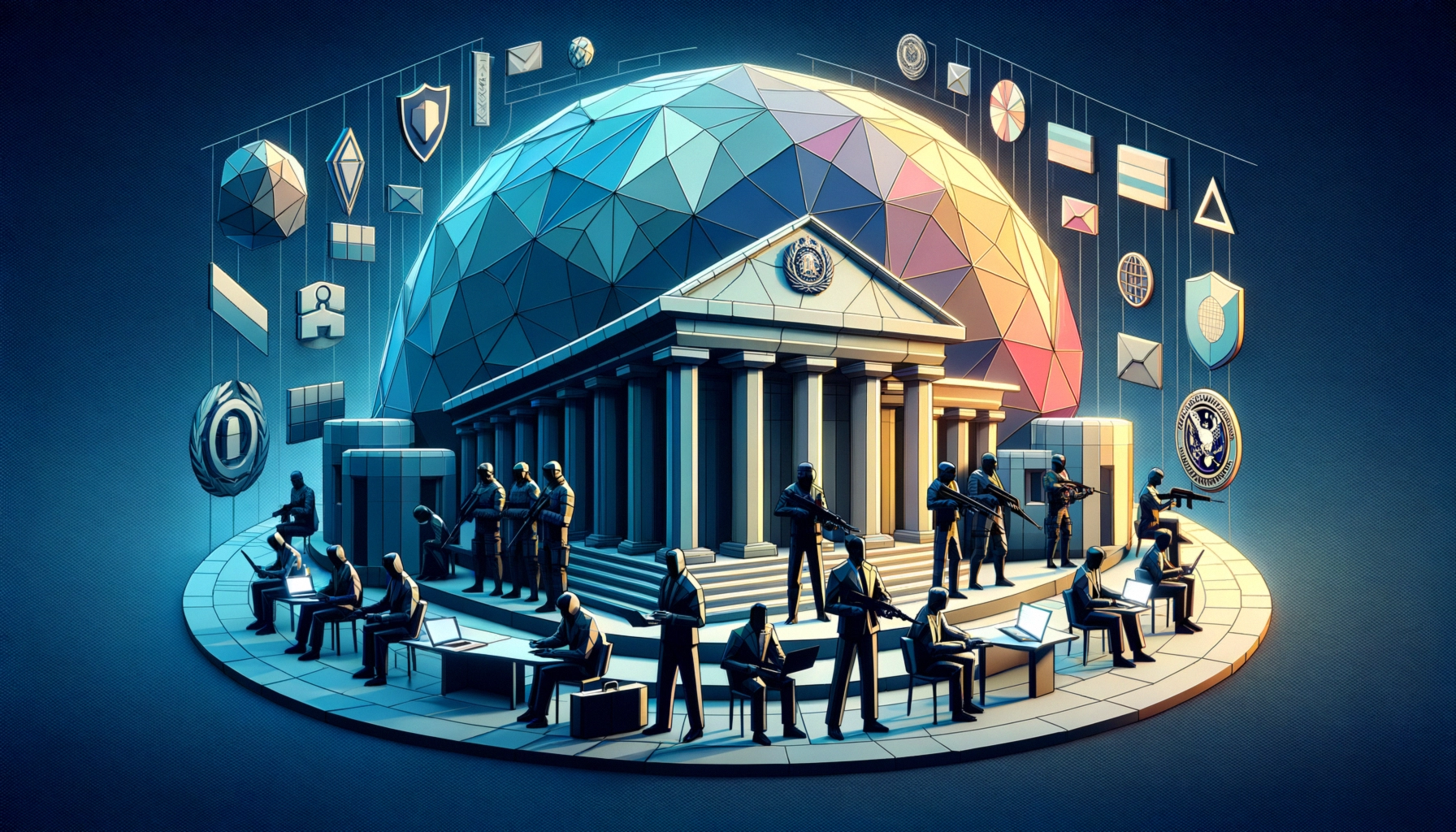 ** A stylized representation of a government building surrounded by people and icons, depicting security and collaboration.