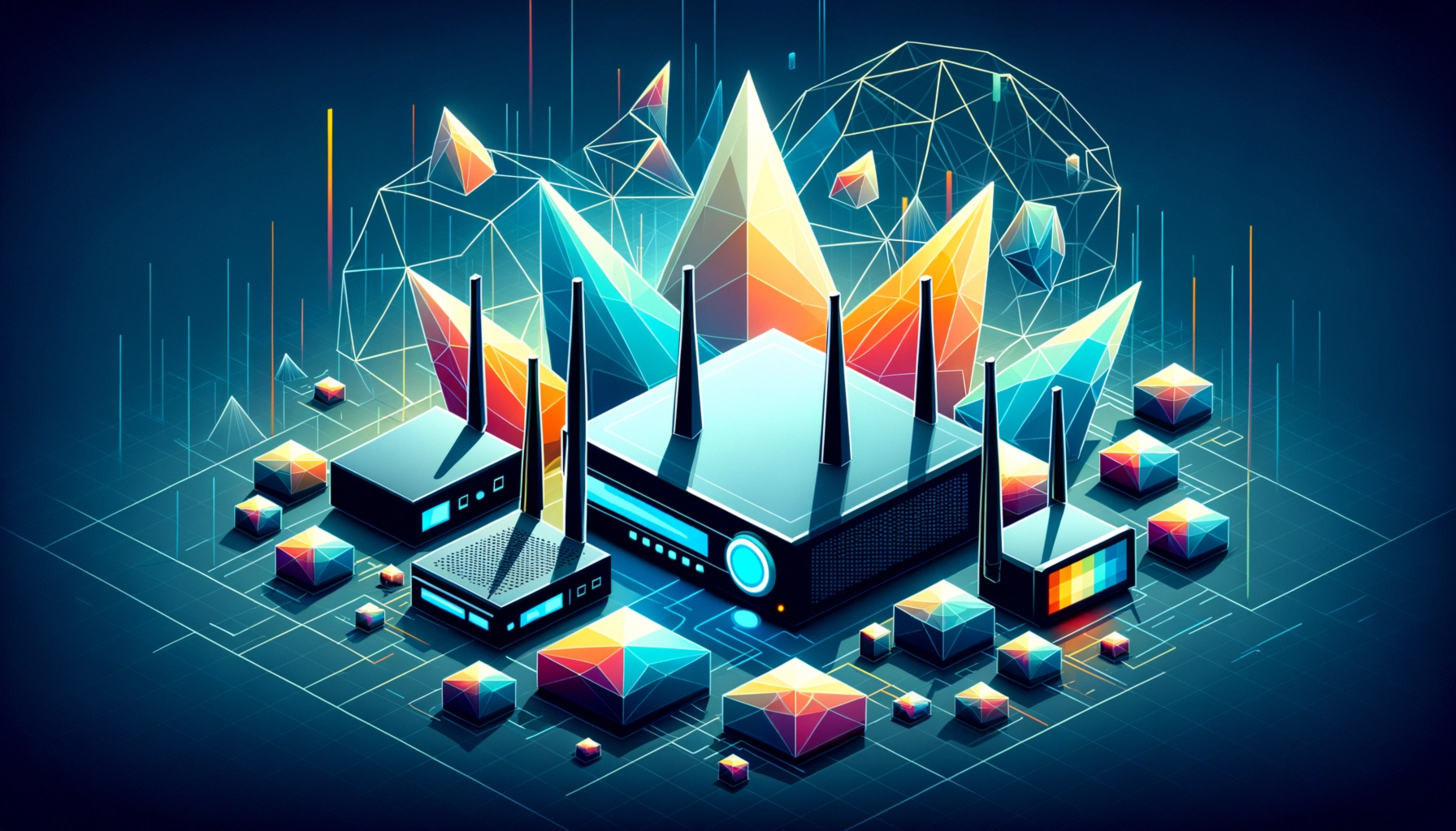 ** A futuristic digital scene featuring routers and geometric shapes against a dark background.