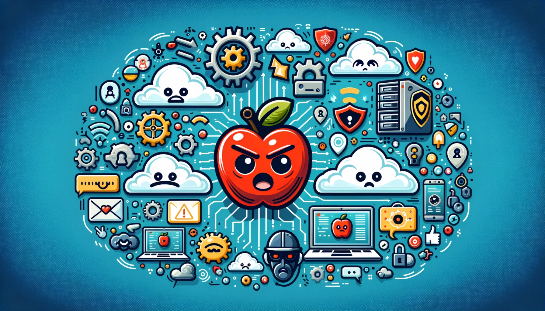 ** Stylized red apple with an angry face surrounded by tech icons on a blue background.