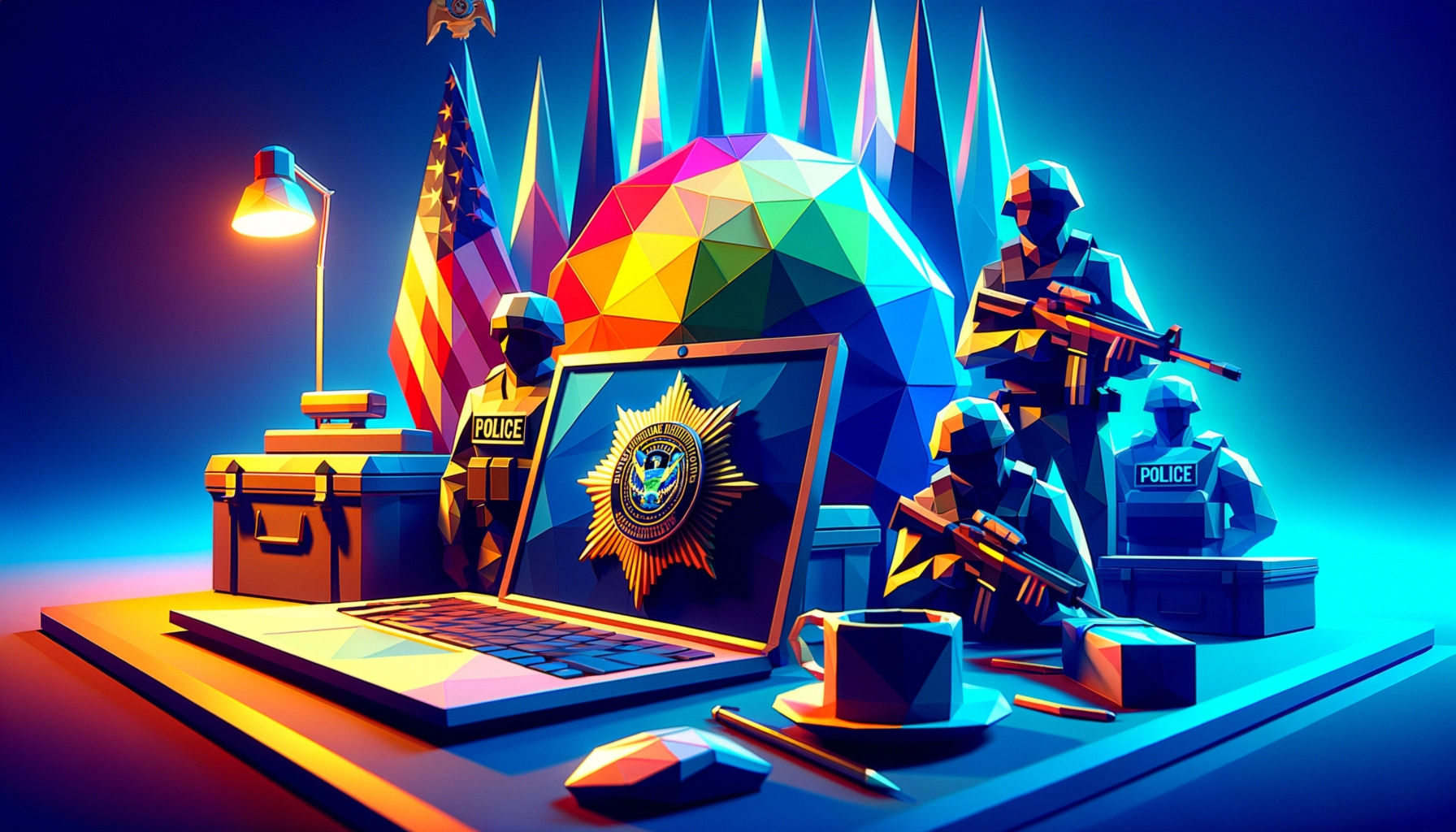 ** Colorful digital scene with police figures, a laptop, and a geometric globe.