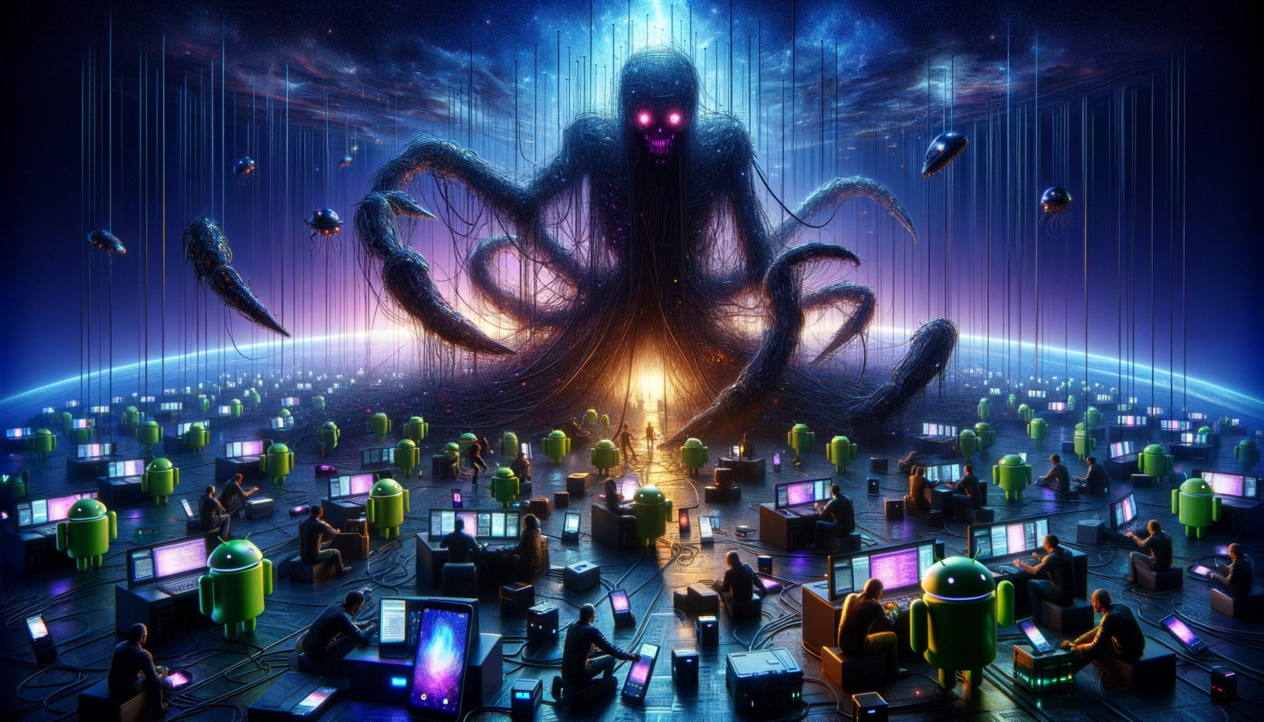 ** A cosmic octopus-like figure looms over a digital workspace filled with green androids.