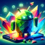 Colorful geometric Android mascot emerging from a smartphone with vibrant triangular shapes.