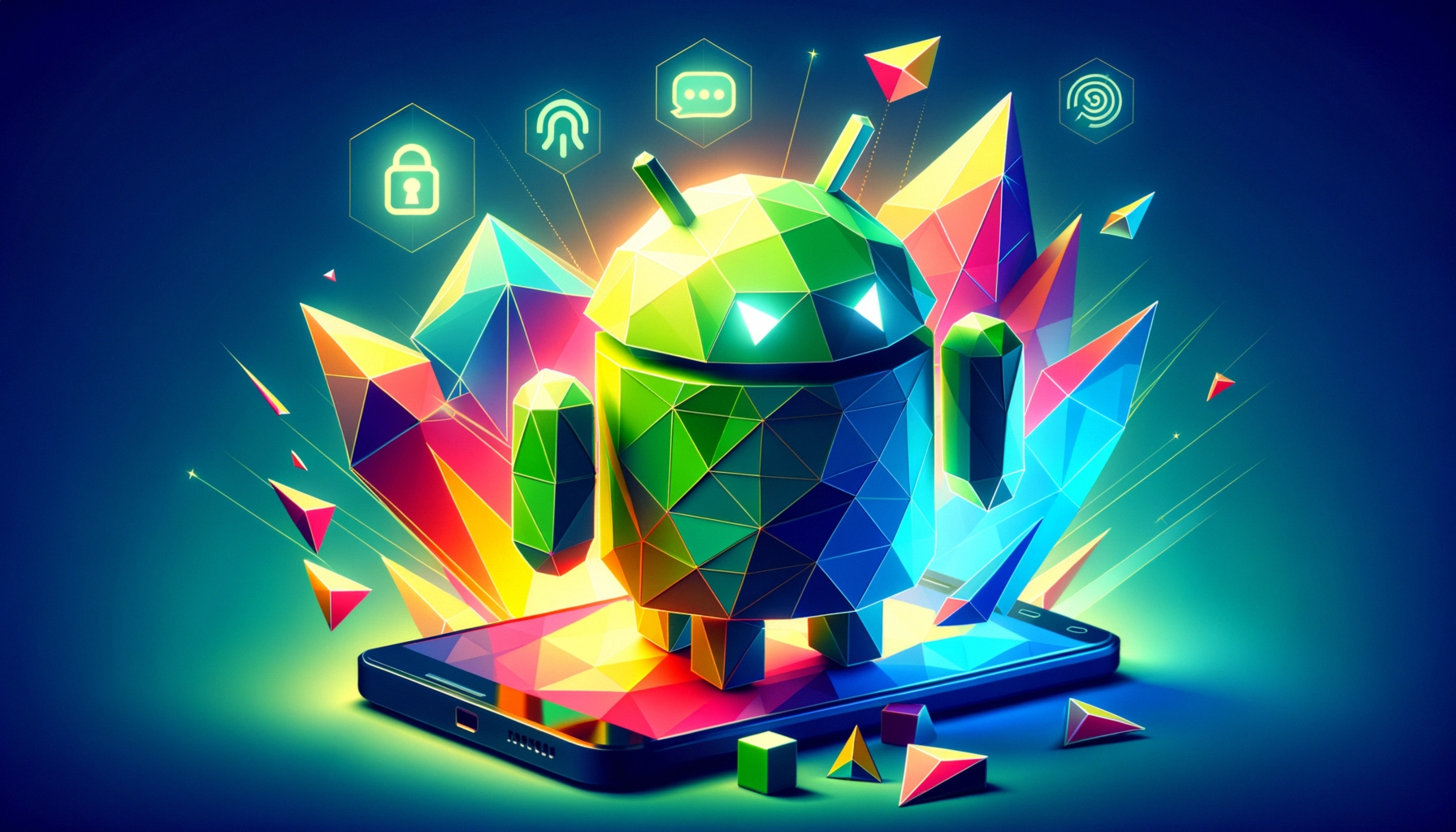 Colorful geometric Android mascot emerging from a smartphone with vibrant triangular shapes.