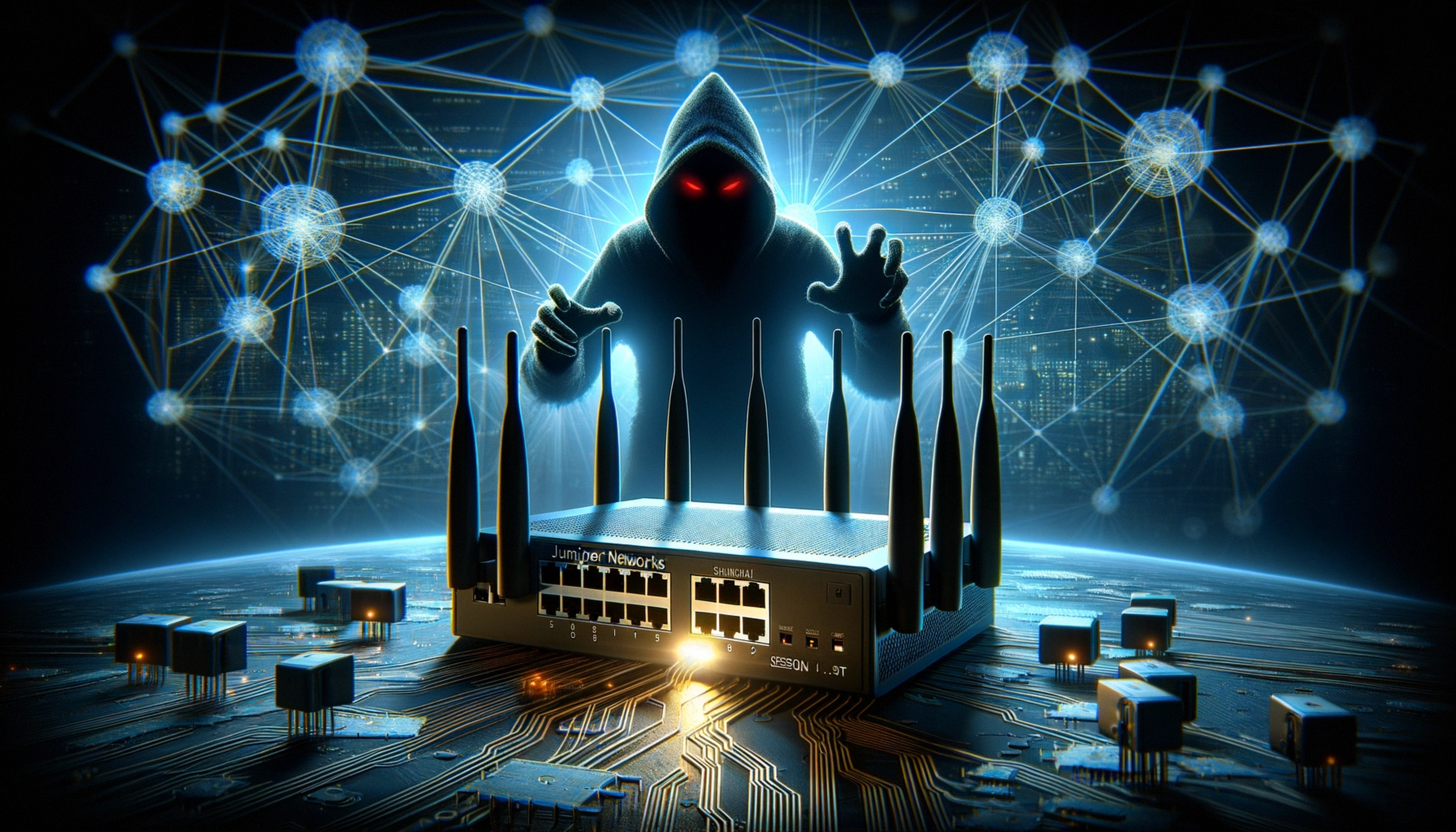 ** Dark figure behind a network router, with glowing connections around them, suggesting cyber threats.