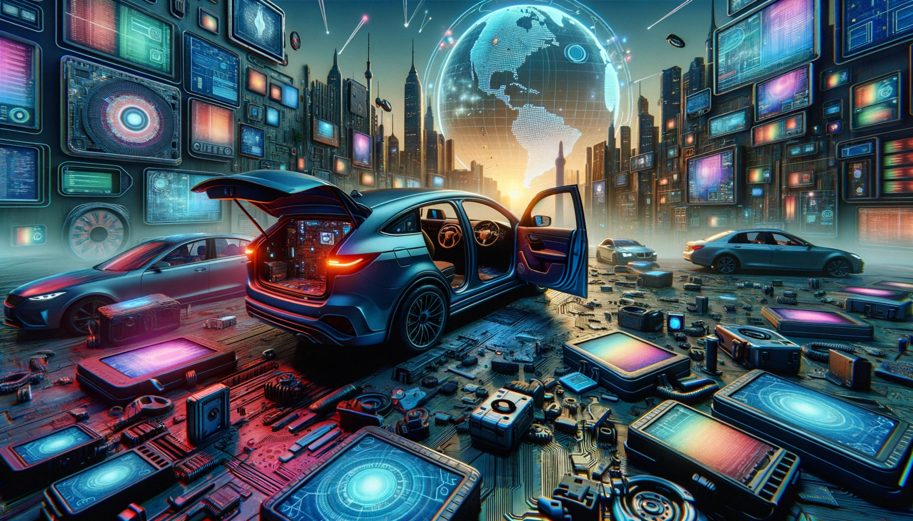 ** Futuristic cars surrounded by digital screens and circuit boards in a high-tech urban landscape.