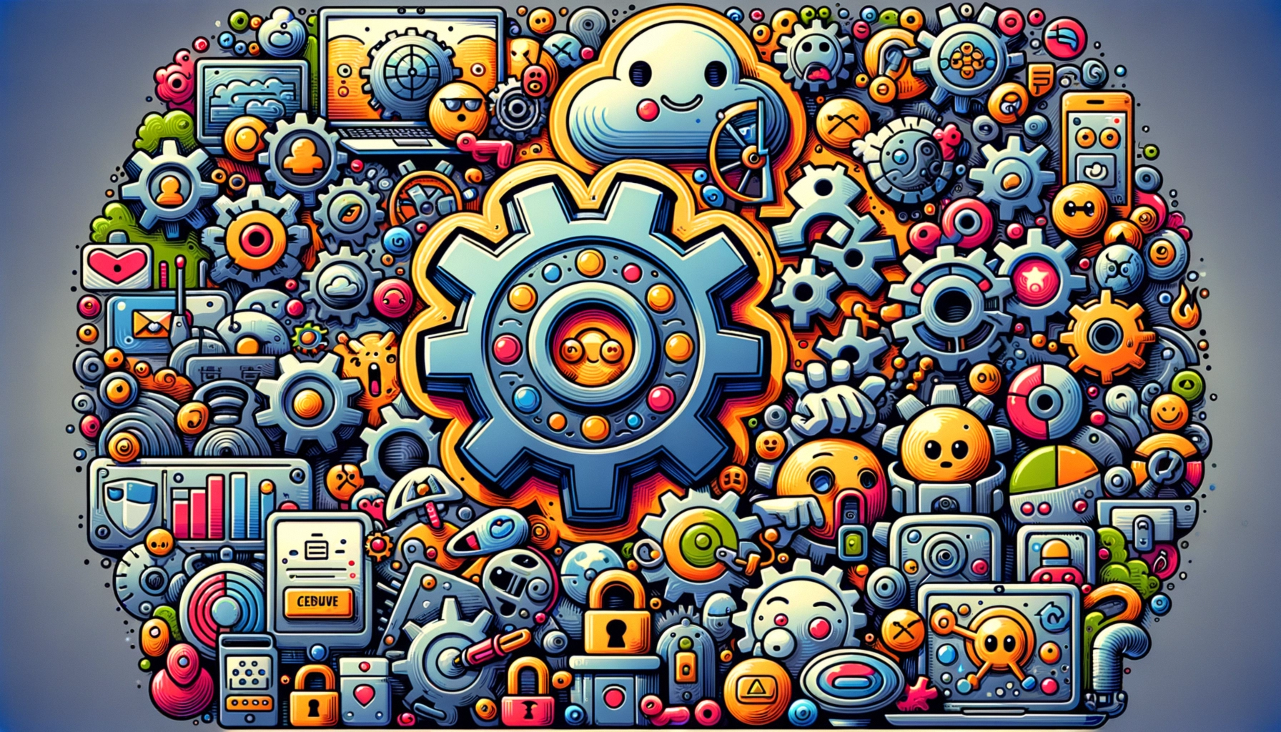 ** Colorful illustration of gears, icons, and characters representing technology and creativity.