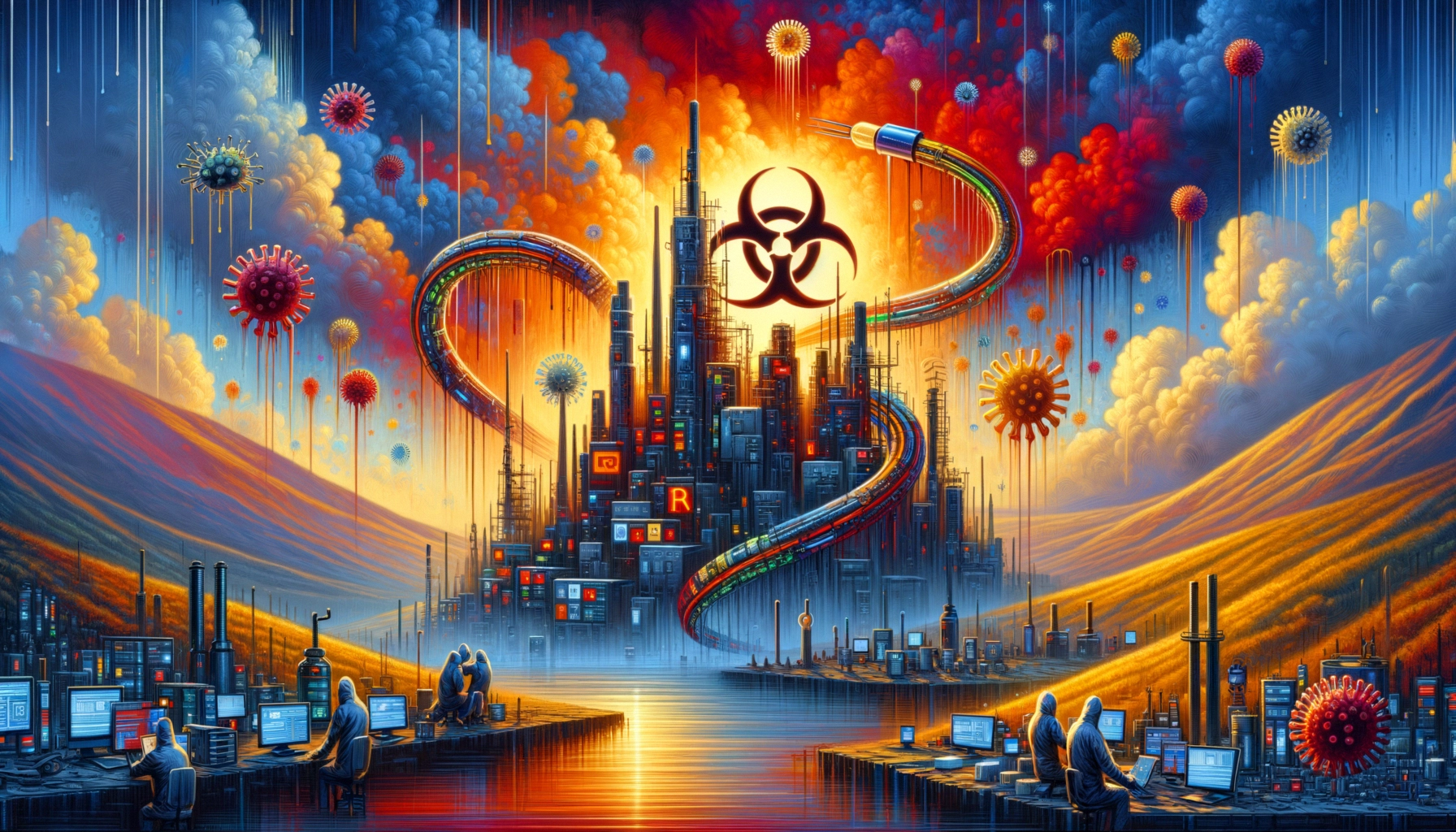 ** Futuristic cityscape with biohazard symbol, virus-like spheres, and people working on computers.