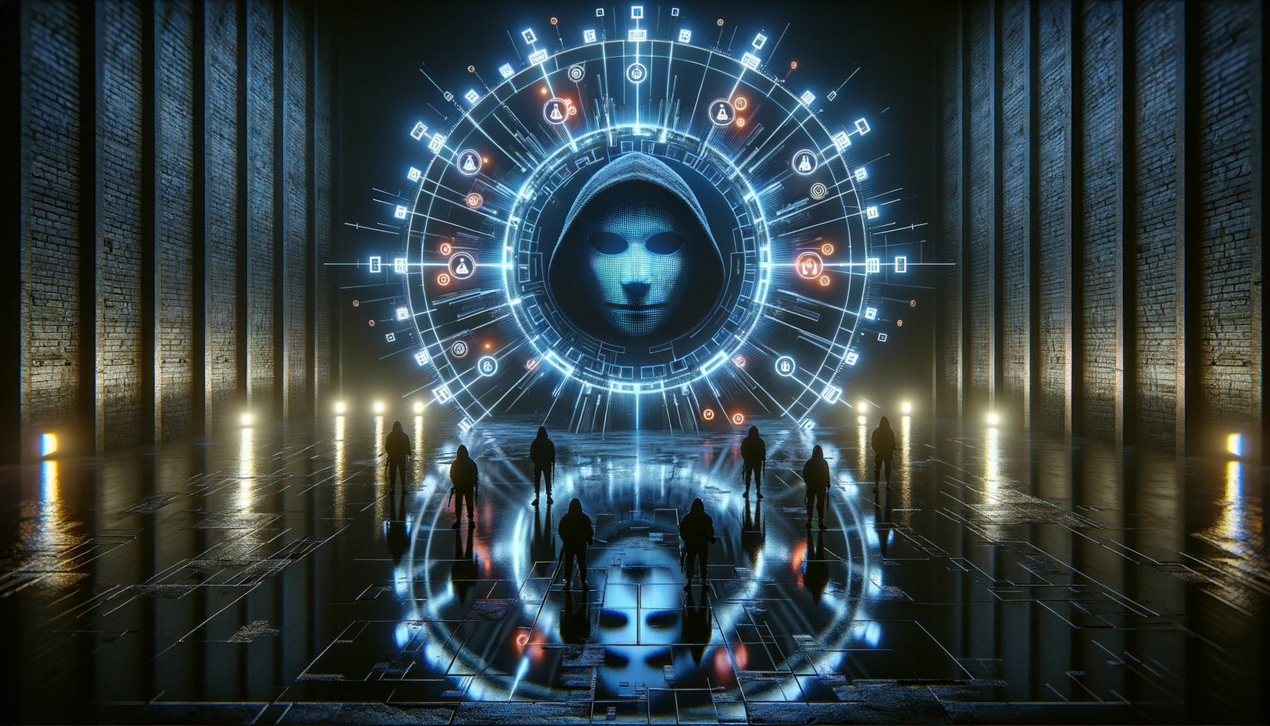 Dark, futuristic hall with glowing face and silhouetted figures in front of digital portal.