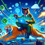 ** A bear in military attire uses a laptop while riding a tiger, with vibrant tech graphics in the background.