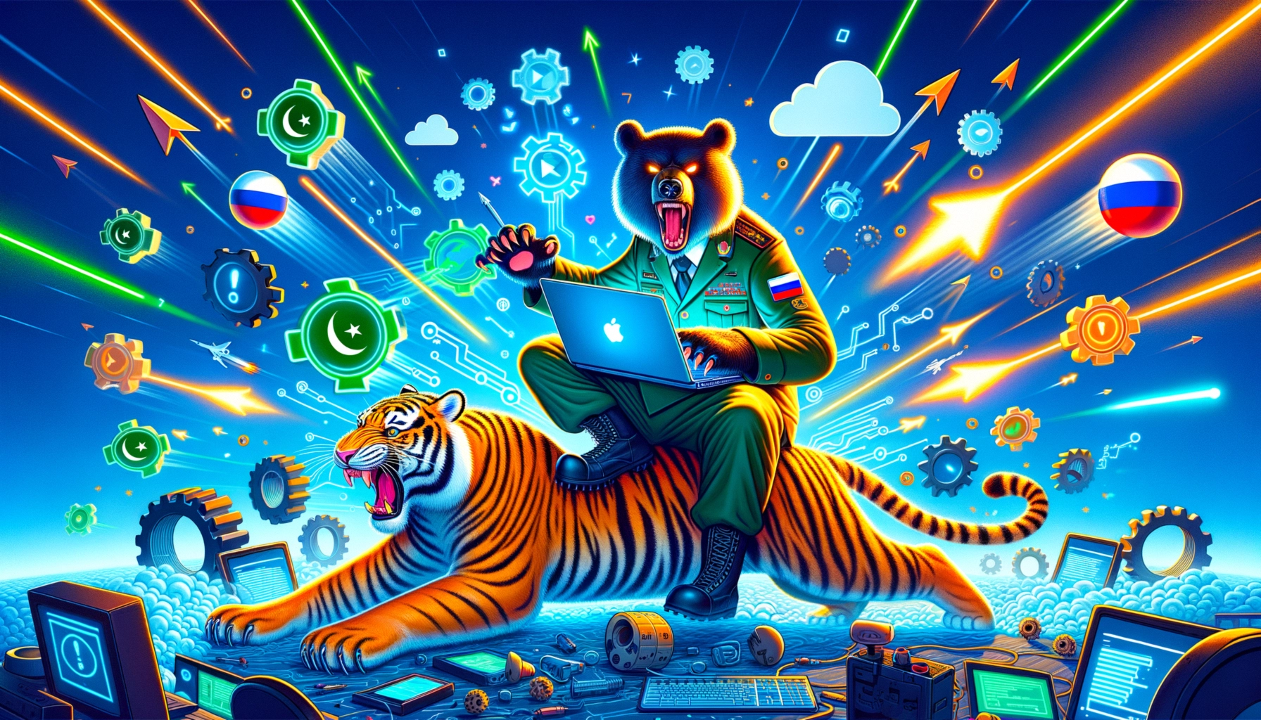 Bär in Uniform sitzt auf einem Tiger und nutzt einen Laptop, bunte Grafiken im Hintergrund.