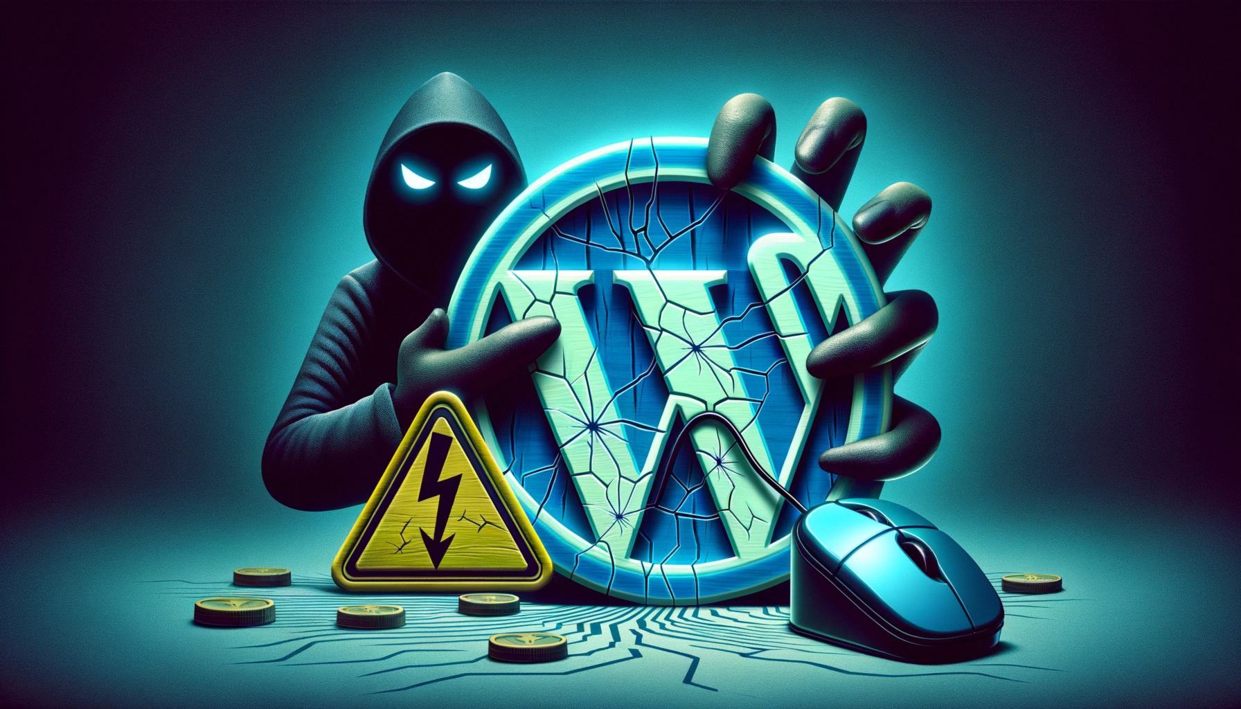 A hooded figure holds a cracked WordPress logo with a warning sign and a computer mouse.