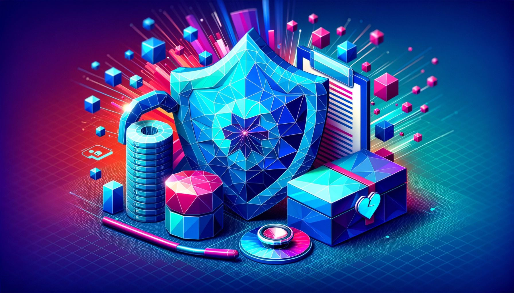 ** A vibrant 3D illustration of a shield surrounded by digital elements and tools representing security and technology.