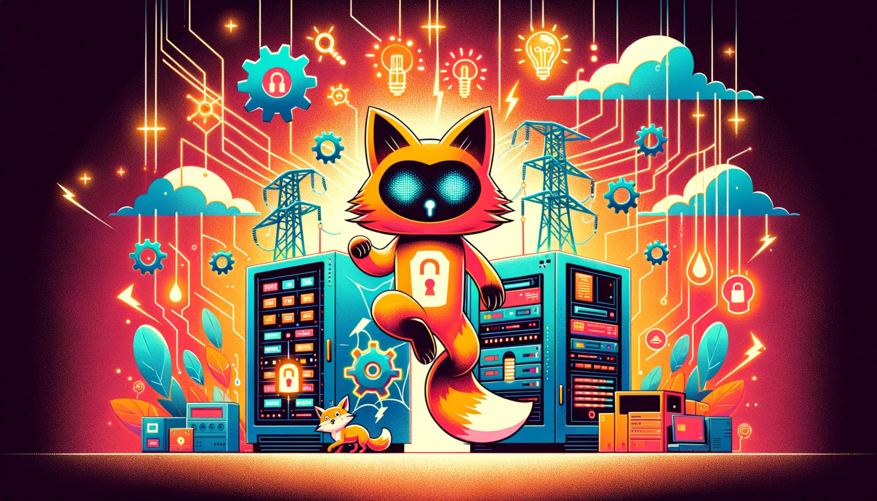 ** Playful fox mascot in a tech landscape with servers and symbols of security.