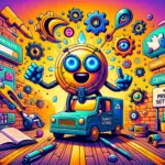 ** Colorful cartoon robot with gears and signs about privacy settings, standing near a blue van on wooden floor.