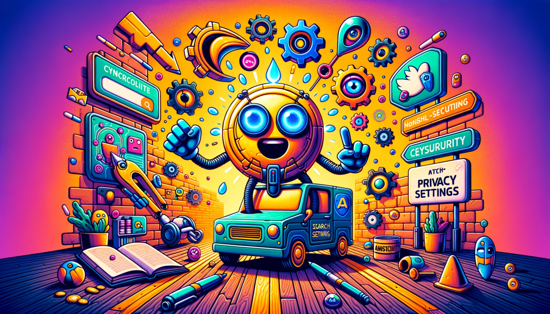 ** Colorful cartoon robot with gears and signs about privacy settings, standing near a blue van on wooden floor.