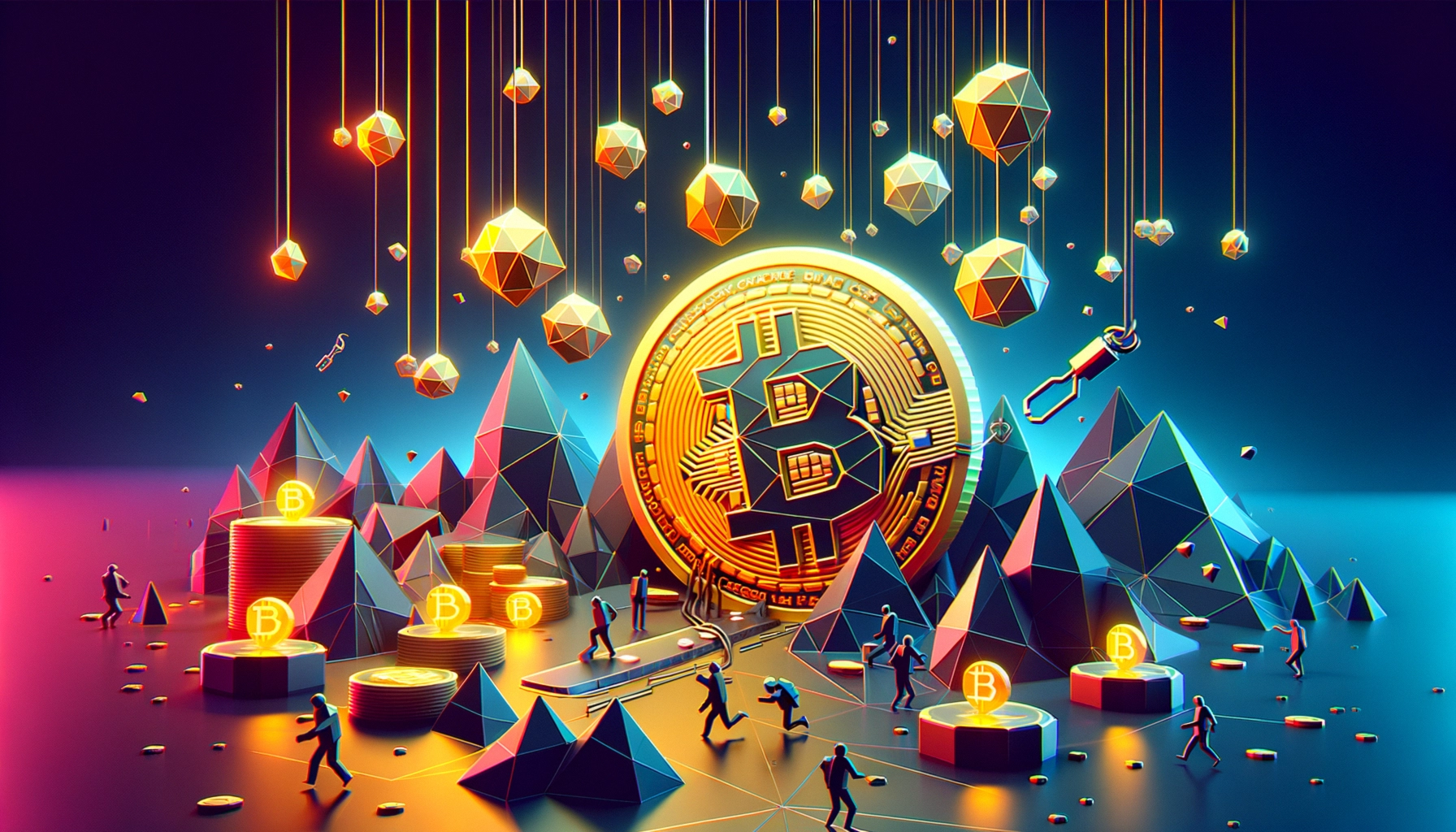 ** A vibrant digital landscape featuring a large Bitcoin surrounded by geometric shapes and tiny figures.