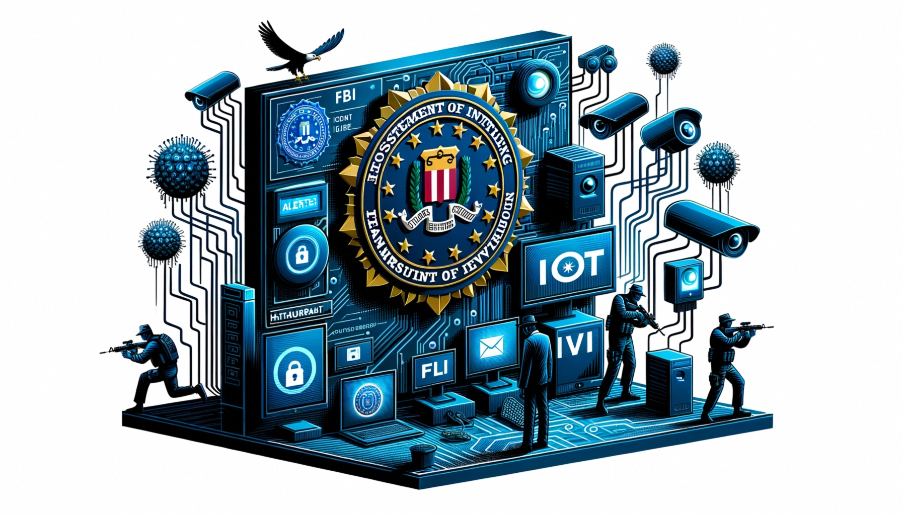 FBI seal amidst digital graphics, security icons, and operatives; tech-themed illustration.