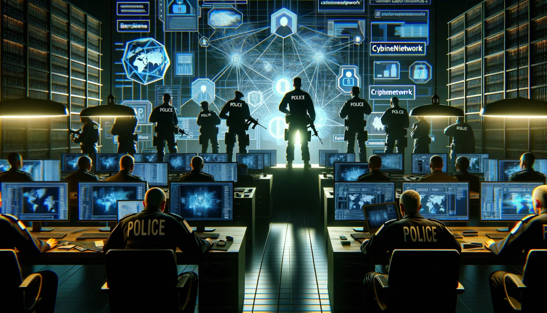 ** Police operatives monitoring screens in a high-tech command center with silhouetted figures in the background.