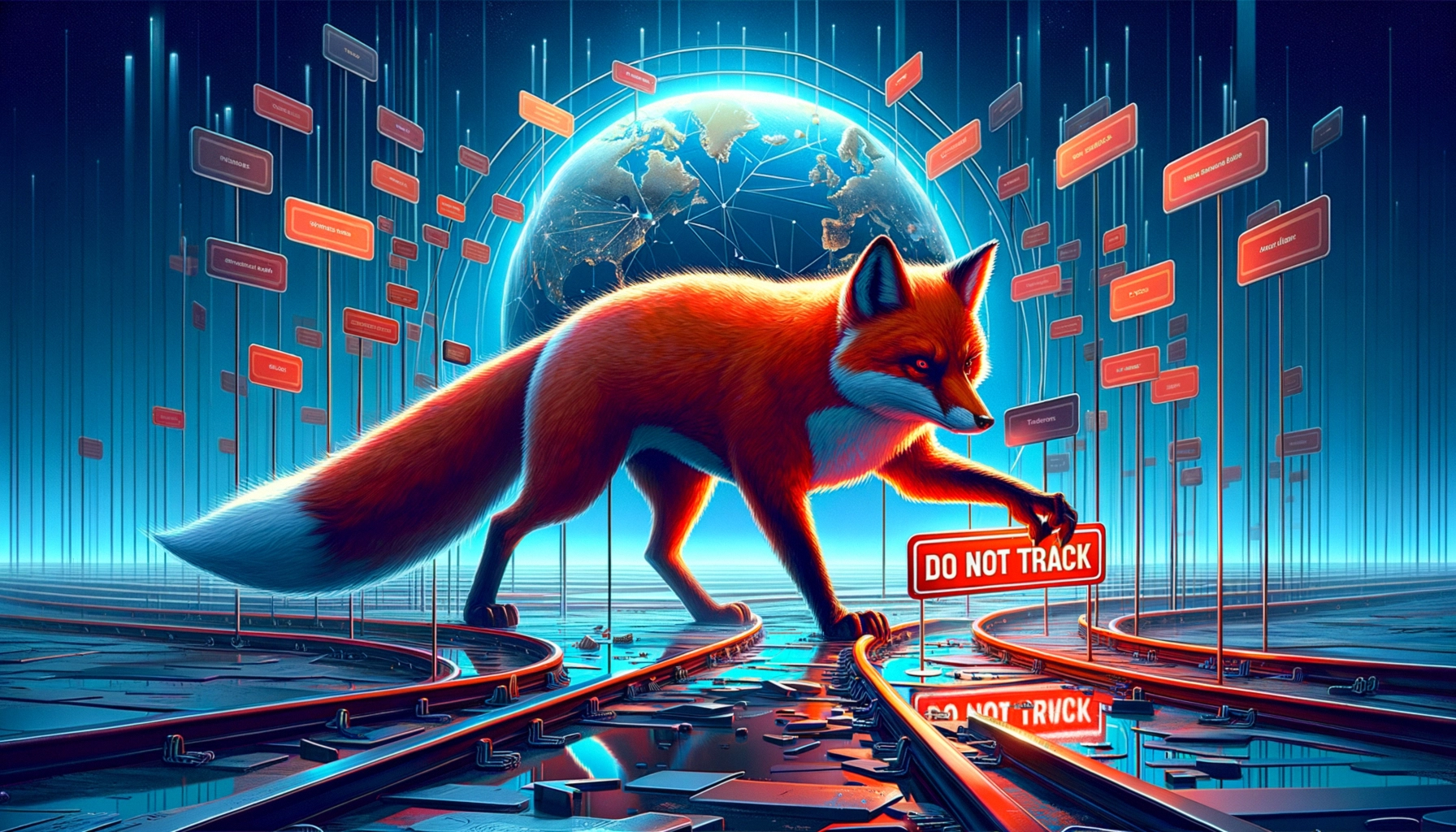 ** A fox holding a "Do Not Track" sign, set against a glowing digital world.