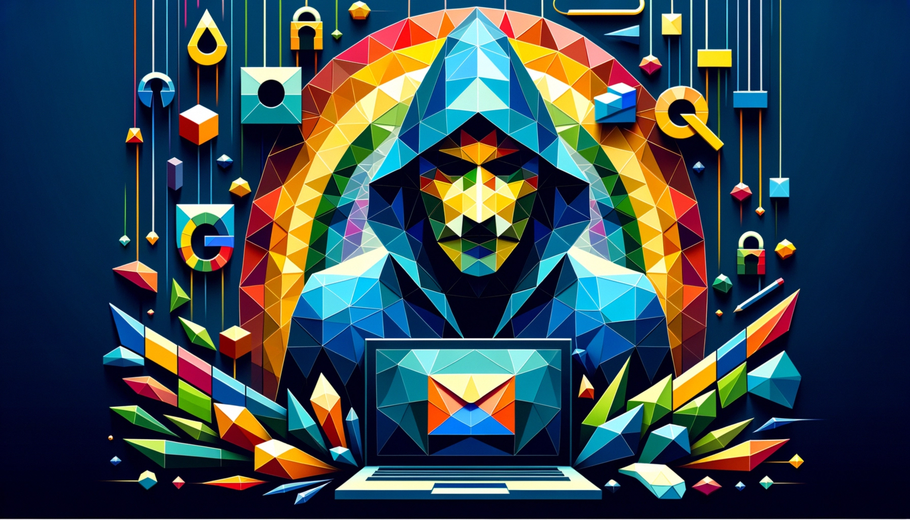 ** Colorful geometric figure of a hooded figure with a laptop, surrounded by digital icons.