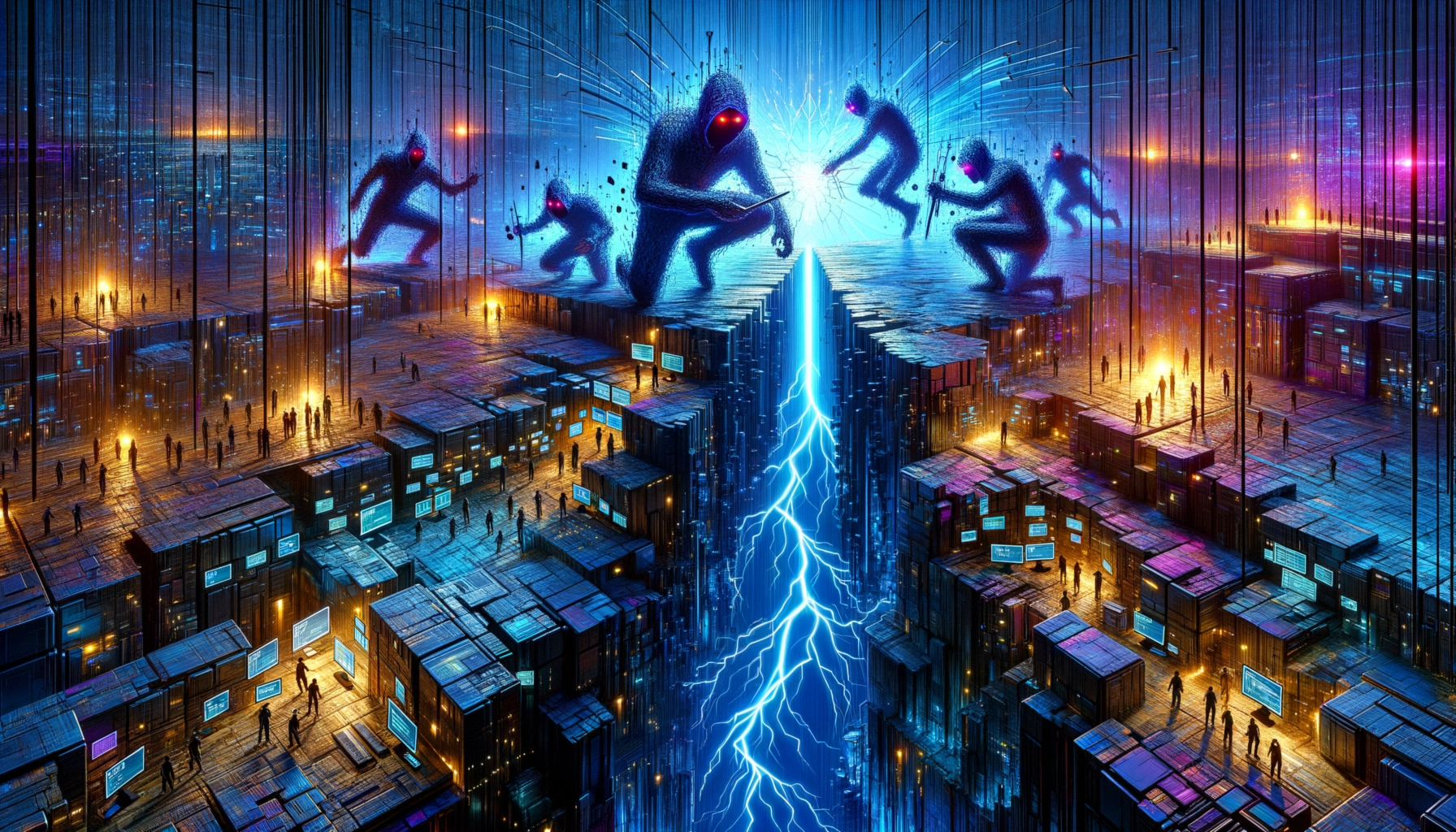 ** Surreal digital landscape with figures, lightning, and glowing boxes in a futuristic setting.