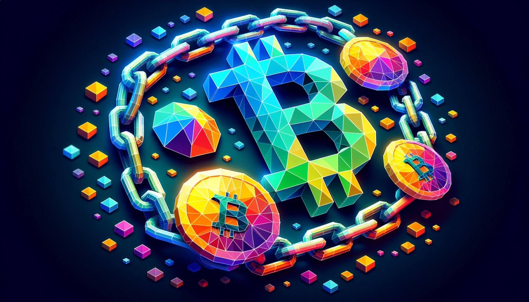 ** Colorful geometric Bitcoin logo surrounded by chain and coins on a dark background.