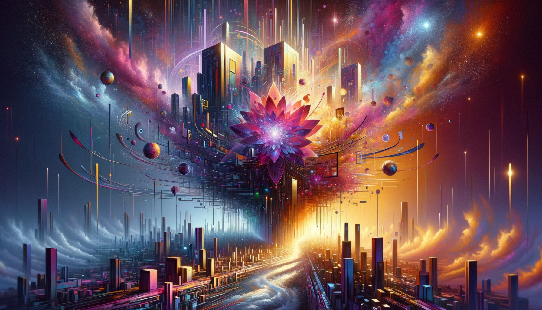 ** Vibrant cosmic landscape featuring a central flower and futuristic buildings amid colorful light trails and planets.