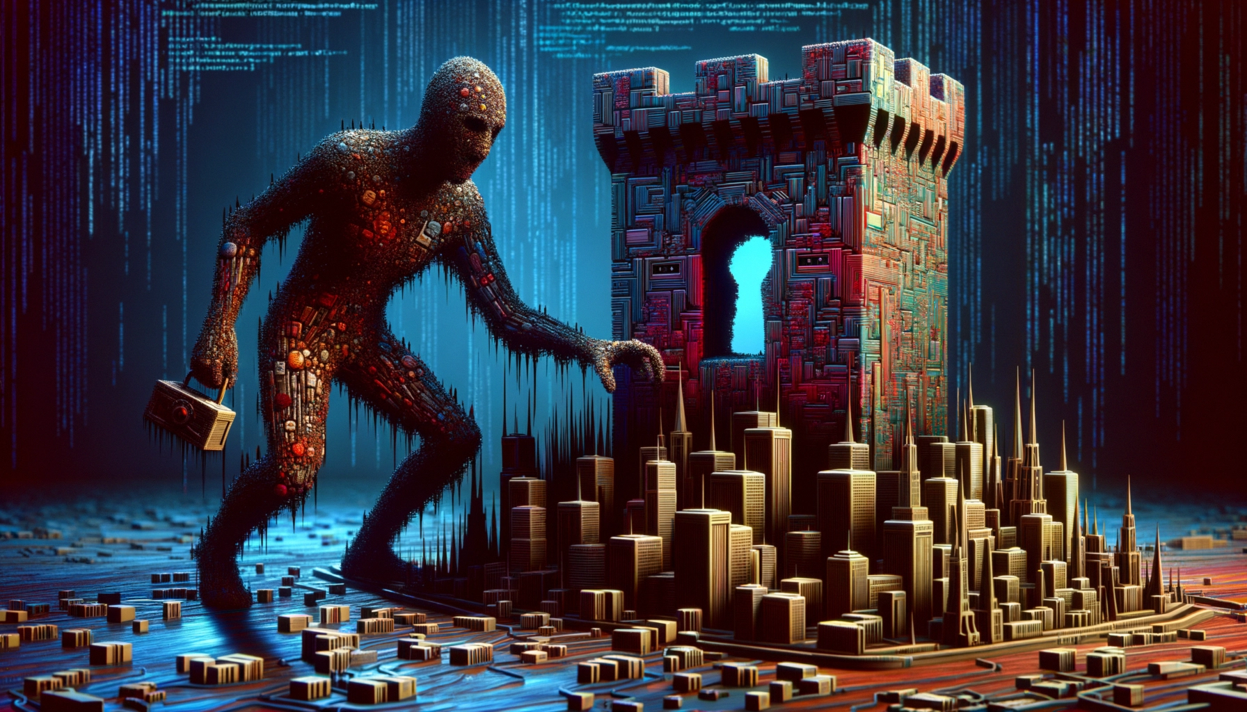 ** A humanoid figure approaches a colorful castle amidst a digital landscape.